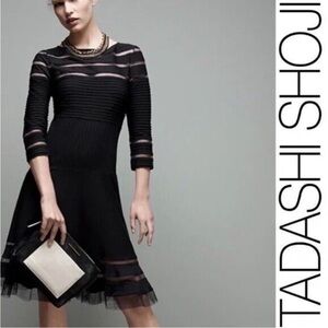 Tadashi Shoji Black Midi Dress with Sheer Paneling